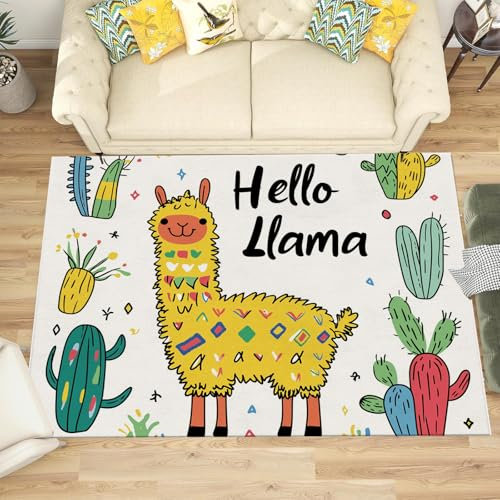 NAWVNMI Waschbarer Teppich Krabbelmatte Babyzimmer Kinder rutschfest Flauschig Teppich Teppich Kinderzimmer Junge Mädchen Kinderteppich, Hallo Lama - Gelbes Alpaka, 60 x 90 cm