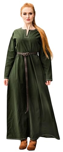 Leonardo Carbone® Damen Kleid Wikinger Unterkleid Helga | Aufwendige Stickereien | Fließende Silhouette | Karneval, Halloween, Cosplay, LARP, Mittelalter, Wikinger | 100% Baumwolle Grün XL