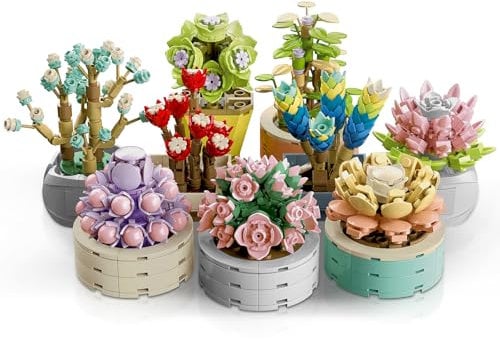 Brihappen 9 Stück Blumen Sukkulenten Bausteine Set für Erwachsene, künstliche Pflanzen Blumenstrauß Klemmbausteine für Büro Heimdekor, Botanical Sammlung, Geschenk für Mädchen Damen