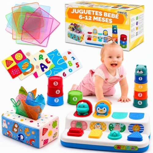 Juguetes Bebes 6-12 Meses Montessori Set Sensorial Causa Efecto para 1 Año | Regalo con guia de actividades estimulacion temprana y aprendizaje brinquedos educativos cubos apilables y caja de pañuelos