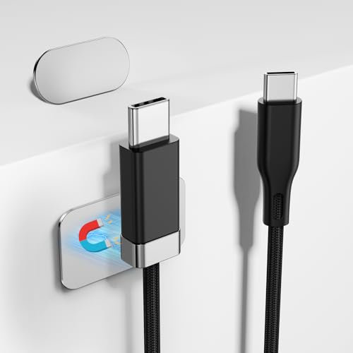 Magtame Cable USB C a USB C de 5 pies y 1,5 m con soporte magnético para cables, Staykable de carga rápida de 60 W y sincronización de datos tipo C, cable de cargador trenzado y Easy Snap on para