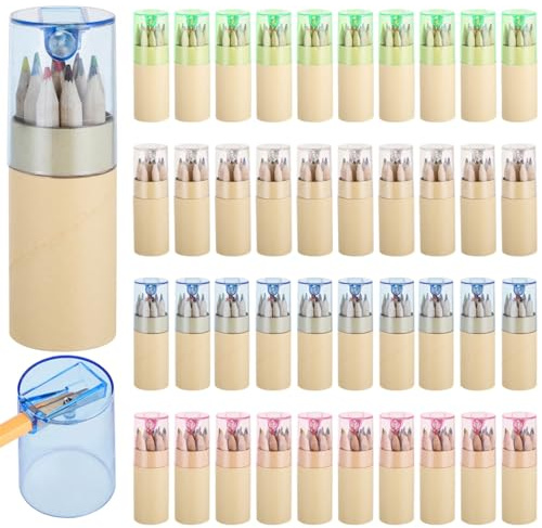 Set mit 40 Mini-Buntstiften in Tube, 12 Farben mit Spitzer-Deckel, Kunstbedarf für Kinder zum Skizzieren und Malen