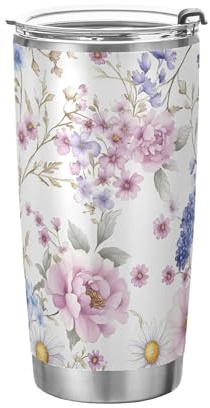 Sevdomey Watercolor Wildflowers Insulated Tumbler 20oz, Vacuum Stainless Steel Travel Mug with Lid & Straw, Hot/Cold Reusable Cup, BPA Free