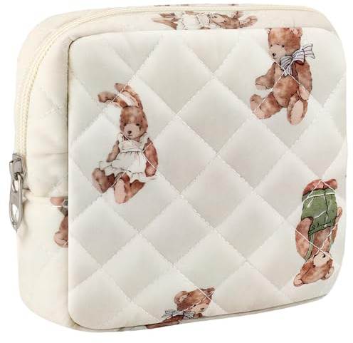 ZLFSRQ Small Quilted Makeup Bag for Purse Mini Quilted Pouch Cute Cotton Zipper Makeup Bag with Compartments Aesthetic Cosmetic Bags for Women Coquette Travel Toiletry Bags Lipstick Pouch, Bear, 5.7*2
