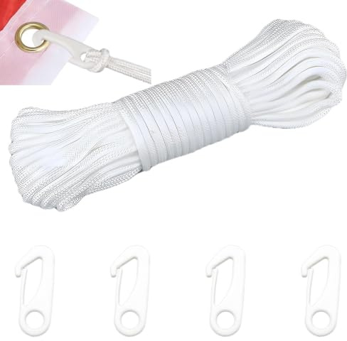 20M Fahnenseil, Fahnenmast Seil, Fahnenmast Zubehör Seil Nylon mit 4 Fahnenmastclip für Garten Heimseil Zelt Outdoor Camping Wäscheleine Himmelsvorhang
