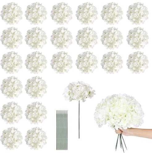 VELAJA 24 Pezzi Ortensie Finti Bianche, Fiori Finti Realistici con Steli Flessibili per Decorazioni, Bouquet Sposa, Matrimonio, Casa, Ufficio e Centrotavola