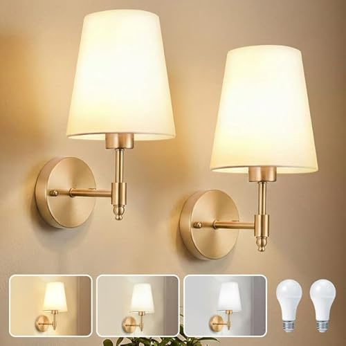 Rosnek 2 Stück Wandleuchte Innen Gold, Vintage Wandlampe mit Stoffschirm Weiß, Inklusive 4W LED Birne, E27 Modern Wandstrahler für Schlafzimmer Wohnzimmer Flur Treppenhaus Badezimmer, Boho Design