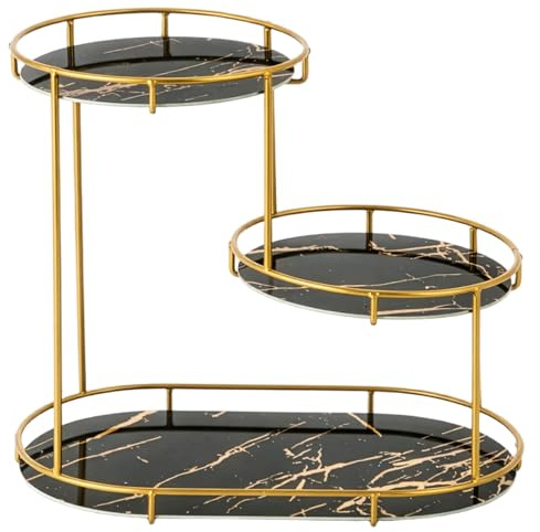 2-Tier Bathroom Countertop Organizer, Gold Metal Vanity Storage Shelf with Trays, Makeup & Skincare Organizer for Bathroom, Bedroom & Dressing Table (Black)