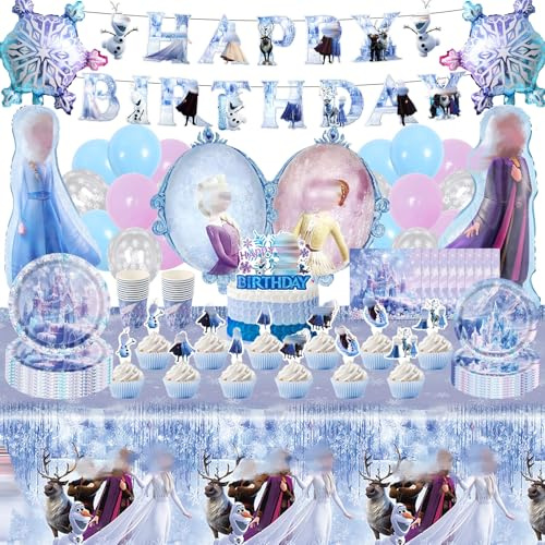89 Stück Eis und Schnee Geburtstagsfeier Dekorationen, Eiskönigin Party Deko Set, Partygeschirr Set, Happy Birthday Girlande, Kuchendekoration, Luftballons, Tischdecke, Pappteller