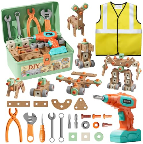 CUTE STONE 168-Teiliges Kinder Werkzeugset mit Elektrischem Spielzeugbohrer & Bauarbeiter-Weste – STEM Konstruktionsspielzeug, Geschenk für Jungen & Mädchen ab 3–6 Jahren