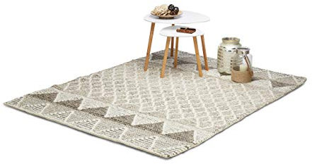Relaxdays Teppich Wohnzimmer, Webteppich beige mit Muster, handgewebter Schurwollteppich, 160 x 230 cm, mehrfarbig