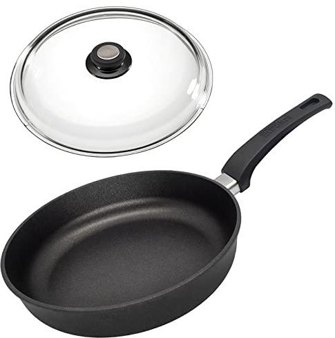 Eurolux leichte Guss-Pfanne Ø 28 cm Induktion Set mit Glas-Deckel - hoher 6.5 cm Rand - große induktive Alugusspfanne mit Antihaft-Beschichtung - Made in Germany