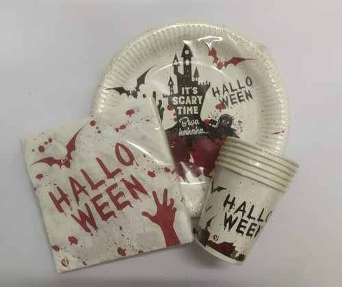 CAPRILO. Lote de Vajilla Decorativa Halloween-Terror (40 Vasos, 40 Platos y 48 Servilletas) .Detalles y Regalos para Fiestas de Halloween, Cumpleaños, Bodas, Bautizos y Comuniones.
