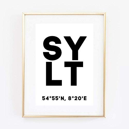 Din A4 Kunstdruck ohne Rahmen - Sylt Koordinaten Typographie Insel Nordsee Modern Druck Poster Bild