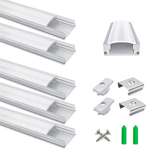 LightingWill 5-Pack 1 m/3.3 ft LED Aluminium Profile, Silver U-Shape LED Channel with Milky White Diffuser, End Caps and Mounting Clips for LED Strip Lights