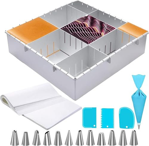 OYSIR 12 Adjustable Cake Mold, Baking Pan, Cake Tin, Square Aluminum Mousse Mold, Multi-Function DIY Cake Baking Mold. Integrated design - No Leaking. Include 20 Pcs Baking Paper