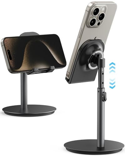 Soporte para teléfono celular, soporte para tableta, soporte de aluminio de altura ajustable, compatible con iPhone, Samsung teléfono celular, tablet, Kindle, pantalla de hasta 10 pulgadas (negro)