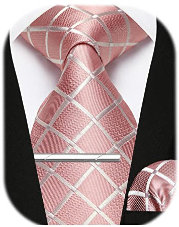 Enlision Cravate Rose à Carreaux et Mouchoir de Poche Avec Ensemble De Pinces à Cravate Cravates De Mariage Formelles Pour Hommes,Rose
