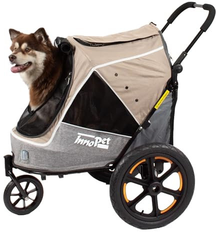 Innopet Sporty Evolution Latte 2-in-1 Hundebuggy und Fahrradanhänger für Hunde - Beige/Grau, 30kg Tragkraft mit Regenschutz - Reflektoren & Sicherheitsleinen - Katzenbuggy und Hundewagen