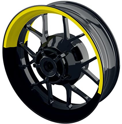 One-Wheel, Premium Felgenaufkleber passend für z.B. Kawasaki, Suzuki, Honda, Yamaha, KTM, BMW etc| Motiv: Halb halb schwarz, Felgenrandaufkleber GP, Wheelsticker Motorrad, Farbe gelb