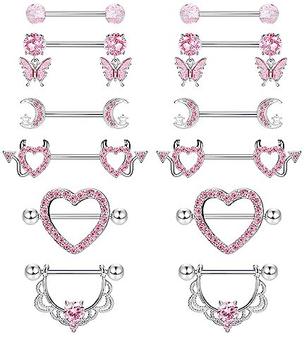 CASSIECA 6 Piercings en Acier ChirurgicalLanguage et Genre Coeur CZ Papillon et Rose Argent Barbell Bijoux de Piercing en Vendée