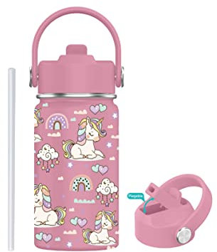 Botella de Agua para Niños de Acero Inoxidable 350ml - Botella Térmica Reutilizable | Sin BPA | Mantiene 24H Frio / 12H Calor | Termo y Hermética - Doble Pared a Prueba de Fugas (Unicornio Rosa)