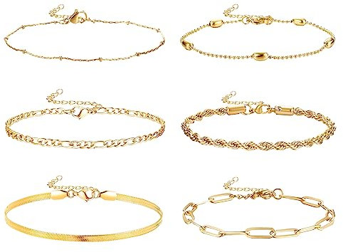 Dochais 6 Stück Kette Armbander Gold für Damen 14 Karat Vergoldet Armkette Mädchen Twist Figaro Kettenarmbänder Verstellbar Modeschmuck Armbänder Set