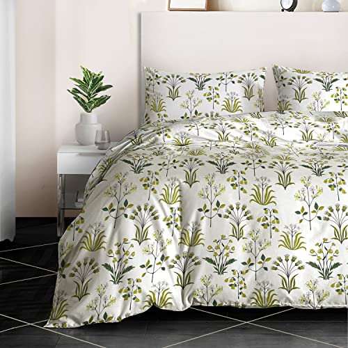 RAYBedding 3PCS King Size Duvet Cover Set 100% Egyptian Cotton Bedding King Size Bed Set 400 Thread Count Floral Printed Fern Green Duvet Cover King with Pillow Cases 2 Pack