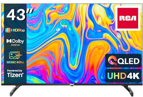 RCA 43 Inch QLED UHD Smart TV, 4K HDR10 Tizen OS TV with Samsung TV Plus Youtube Netflix Motion Mode Dolby MS12, 3 x HDMI 2 x USB WiFi Bluetooth, Large Screen TV for Living Room Home Office