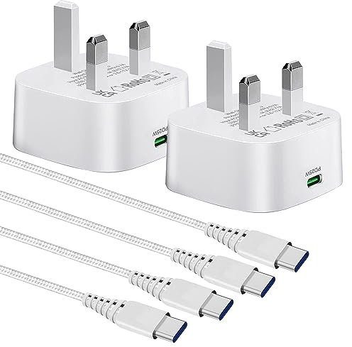 2-Pack 25W Super Fast USB C Charger Plug and Cable for Samsung Galaxy S23/S24 Plus/S22 S24 FE/S21 S20 A54 A15 A25 A55 5G/A16 A56 A53 A34 A14 A23 A33 A52 A52S Uk Type C Mobile Phone Charging Adapter