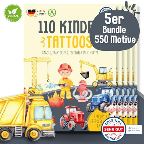 MeinBaby123 550 hautfreundliche Kinder Tattoos mit Baggern, Bagger Tattoo Kinder, Kindertattoos zum Aufkleben, vegan & made in Germany (5x Fahrzeuge)