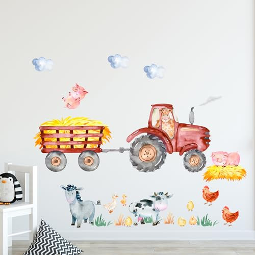 GRAZDesign Wandtattoo Bauernhof Set, Roter Traktor mit Tieren, Wandsticker für Kinderzimmer & Babyzimmer - 100x57cm