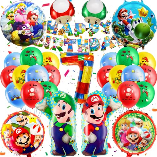 MA7 Mario Birthday Set - 32PCS Balloons, Banners & Party Supplies for Kids' 7th Birthday
