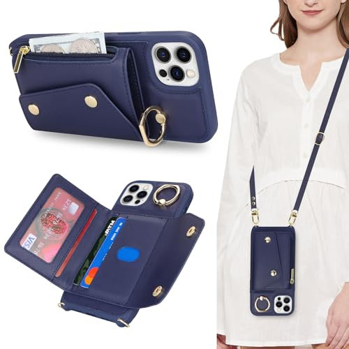 Lipvina Hülle für iPhone 12/12 Pro Hülle mit Band Kartenhalter handyhülle Hülle für iPhone 12/12 Pro mit Reißverschluss Band Ring Ständer Case für Frauen - Blau