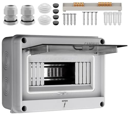 CAMWAY Sicherungskasten Aufputz 1-Reihig 8 Module, Verteilerkasten Aufputz IP65 Waterproof, Verteilerkasten mit umlaufender Dichtung und Messingklemmen,Sicherungskasten für Garten oder Außenbereichen