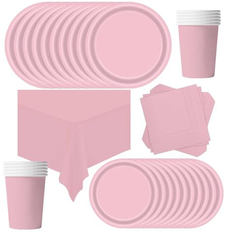 POPOYU Vajilla de fiesta de cumpleaños infantil, color rosa, 69 unidades, vajilla de papel para fiesta de cumpleaños, juego de platos de papel, servilletas para Navidad, cumpleaños, bodas,