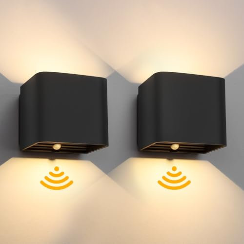 Birnetek® 2 Stück LED Wandlampe mit Bewegungssensor, Schwarz Wandleuchte für Innen, 3000K Warmweiß Wandleuchte Ohne Stromanschluss mit Akkus, USB Aufladbare Wandleuchten für Flur, Schlafzimmer