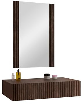 Mirjan24 Schminktisch Trigev, Kosmetiktisch mit Schublade und Spiegel, geriffelte Front, Make-up Tisch, Frisiertisch, Hängeschrank (Nuss Warmia)