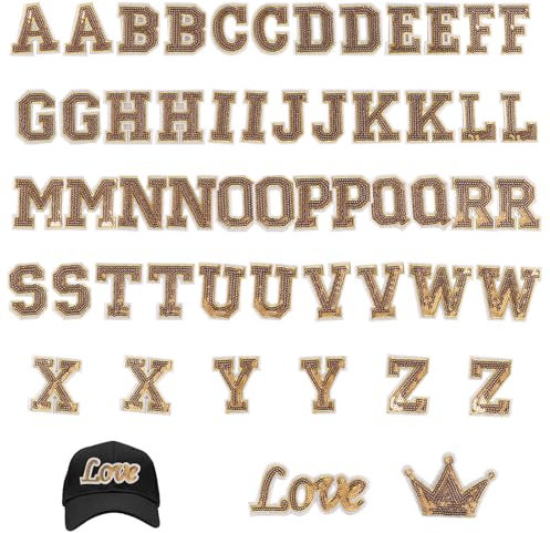 54Pcs Iron on Letter, Glitter A-Z Letters, Sew on Patches, Iron on Letters for Clothes, Decorative Repair Patches, Alphabet Patches for Shoes, Dress, Hat, Jeans, Bags, DIY Accessories (Gold)