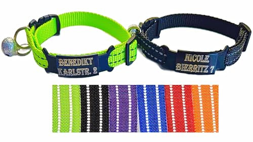 2X personalisiertes Katzenhalsband personalisiert mit Name graviert Katze Halsband reflektierend Leuchtend aus Nylon mit Glöckchen (Schwarz und Neon Gelb)