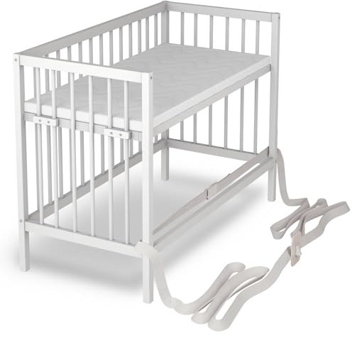 Sämann Baby Beistellbett 60x120 cm mit Premium Matratze Air - nutzbar von 0 bis 4 Jahre - umbaubar zum Babybett - Gurtsystem & höhenverstellbar für alle Betten - weiß (mit Cloud Air Matratze, weiß)