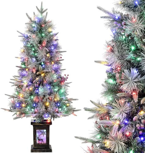 Árbol de Navidad artificial de 125 cm con 150 luces multicolores y blancas cálidas, 9 modos de luz, árbol de Navidad artificial, efecto nieve con base en maceta, árbol de Navidad con iluminación para