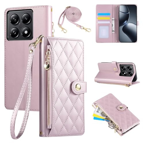 Rosbtib Wallet Case for Xiaomi 14T Pro 5G 6.67 Inch 2024, PU Leather Mobile Phonecase with Diamond Lattice Embroidery, Xiaomi 14T Pro Flip Case with Wrist Strap and Crossbody Long Strap, Pink
