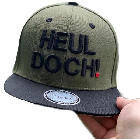 Outfitfabrik Snapback Cap „Heul doch“ in Oliv, Schirm Unterseite mit Motiv Piss Off, 3D-Stick, Unisex, verstellbar an der Rückseite