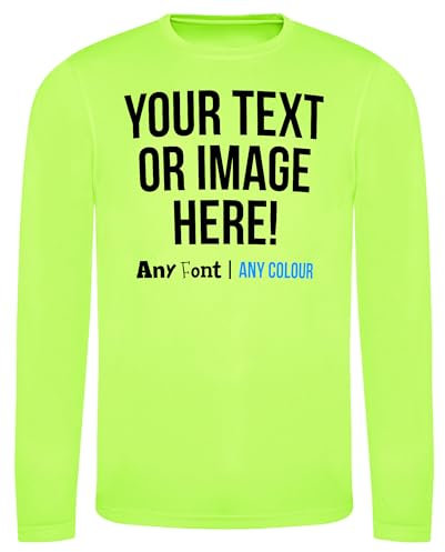 Custom Mens Long Sleeve Polyester T Shirt Personalised Any Text Image Logo Activwear Sports Performance Gym Workwear Long Sleeved Tee, L, Electric Green