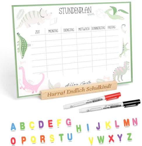 iZoeL Einschulung Stundenplan abwischbar inkl 26 Buchstabenkleber,Stift,Schulkind Stundenplan 1. Klasse Mädchen Jungen Schultüte Füllung Stundenplan Dino Motiv