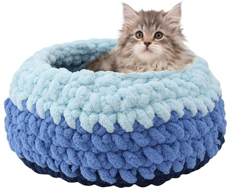 BUMUBI Handwoven Soft Cat Cave Bed, Indoor Cat Beds with Washable Round Nest, Kitten House & Cat Furniture, Cloud Blue