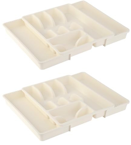 Engelland - 2 x verstellbarer Besteckkasten, Beige, Besteckkorb mit 8 Fächern, Kunststoff, BPA-frei, Besteckhalter, Besteckeinsatz für Küchenschubladen, Maße: 29-51 x 38 x 5 cm
