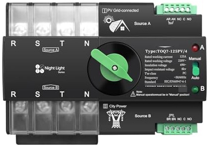 Interruttore automatico di trasferimento elettrico trifase ATS for fotovoltaico 4P 63A 100A 125A 230V a doppia alimentazione, senza interruzioni, 1 pezzo(125A)