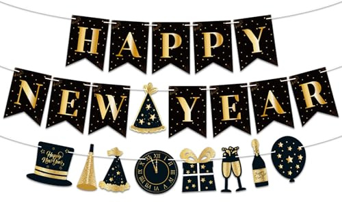 ALEGRE® Silvester Deko 2026 Girlande, 2 STK Happy New Year Girlande Banner Schwarz Gold, Neujahr Deko Silvester 2026, Happy New Year Deko Girlanden für Silvesterdeko, Neujahr Party Dekoration Zubehör